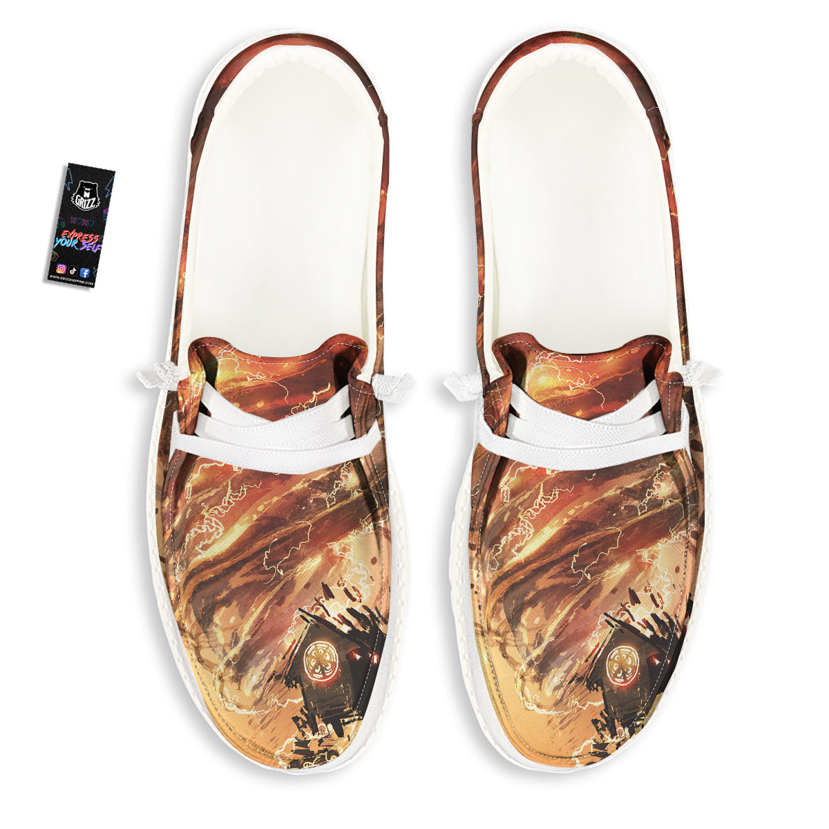 Tornado Destroy Watercolor Print White Loafers-grizzshop