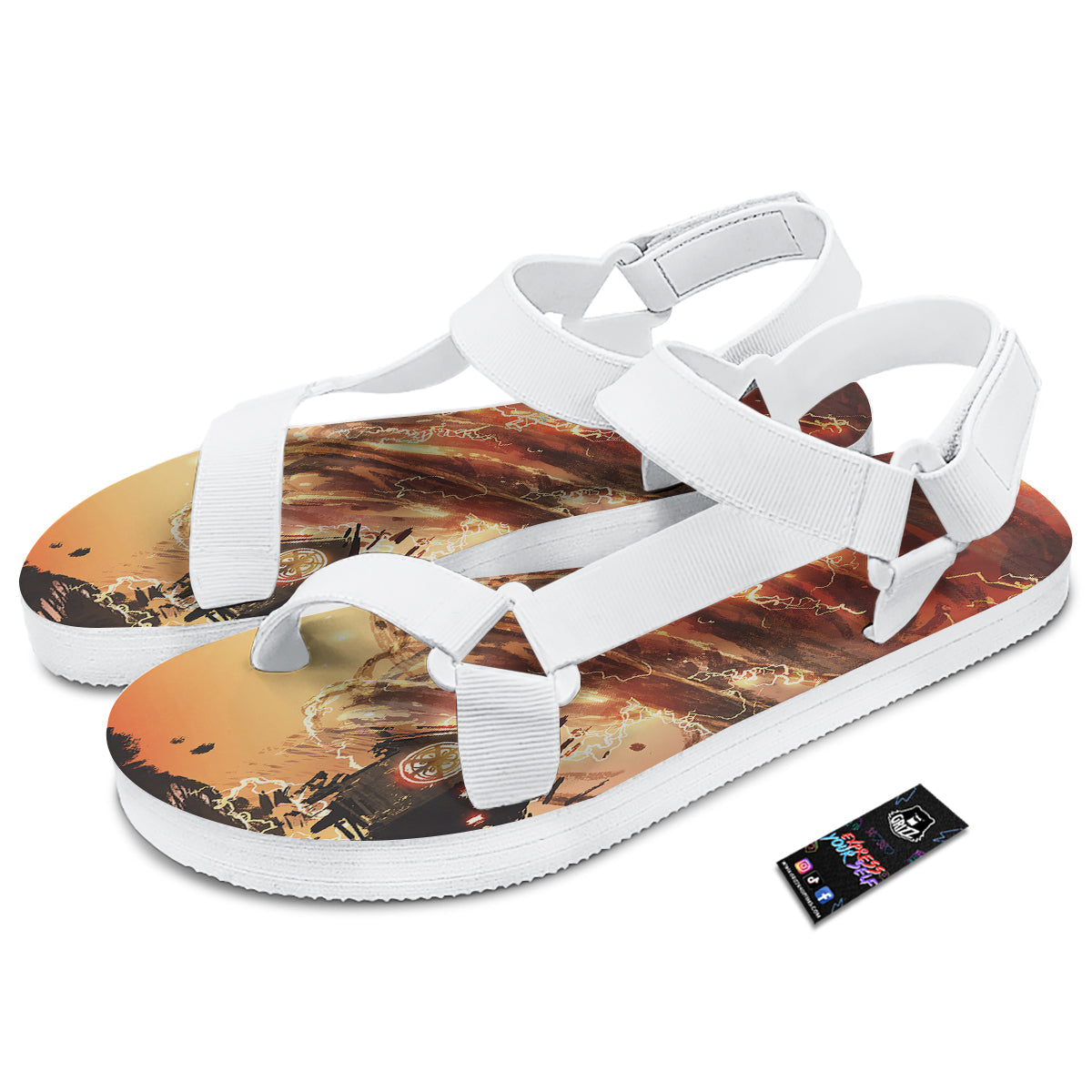 Tornado Destroy Watercolor Print White Open Toe Sandals-grizzshop