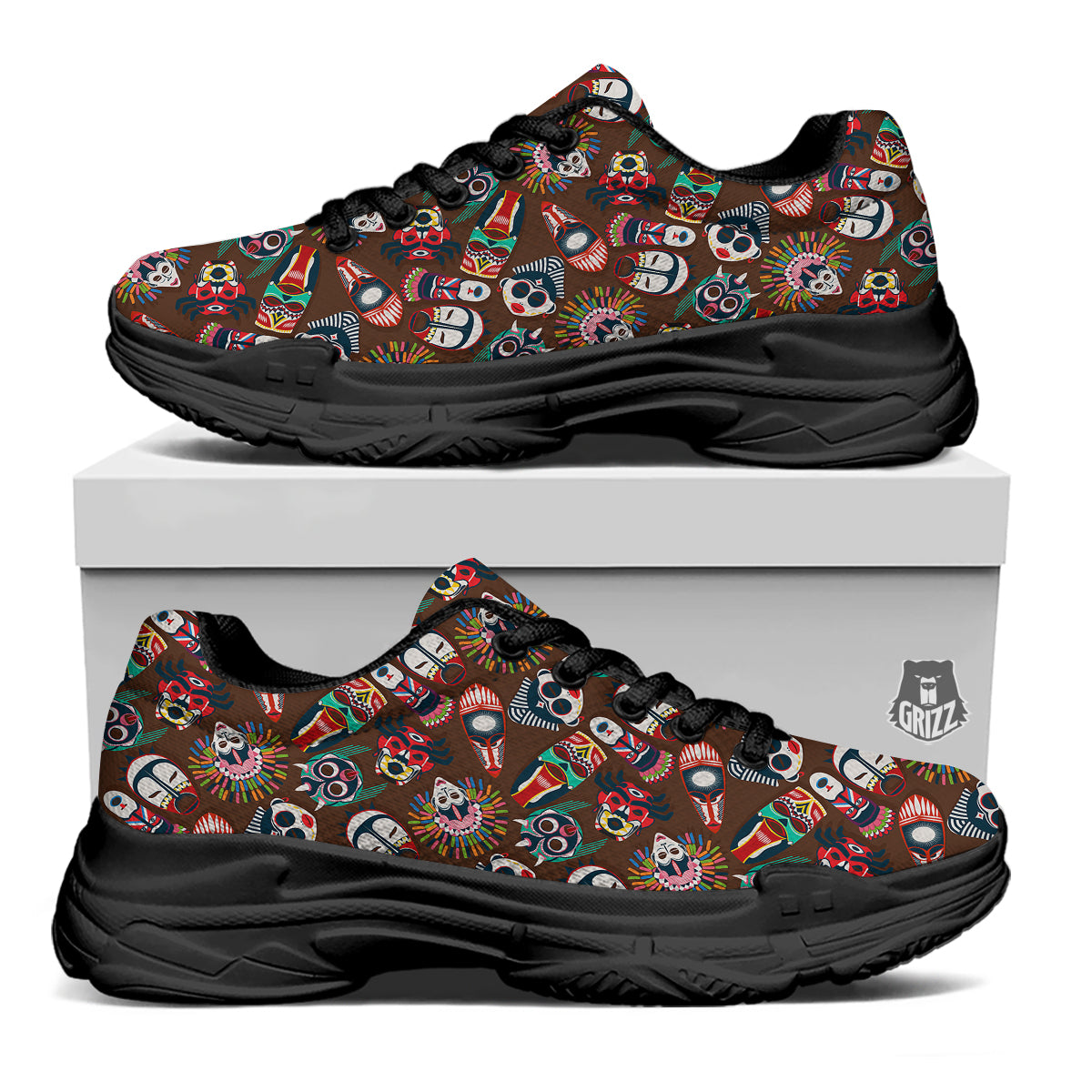 Totem And Mask African Print Pattern Black Chunky Shoes-grizzshop