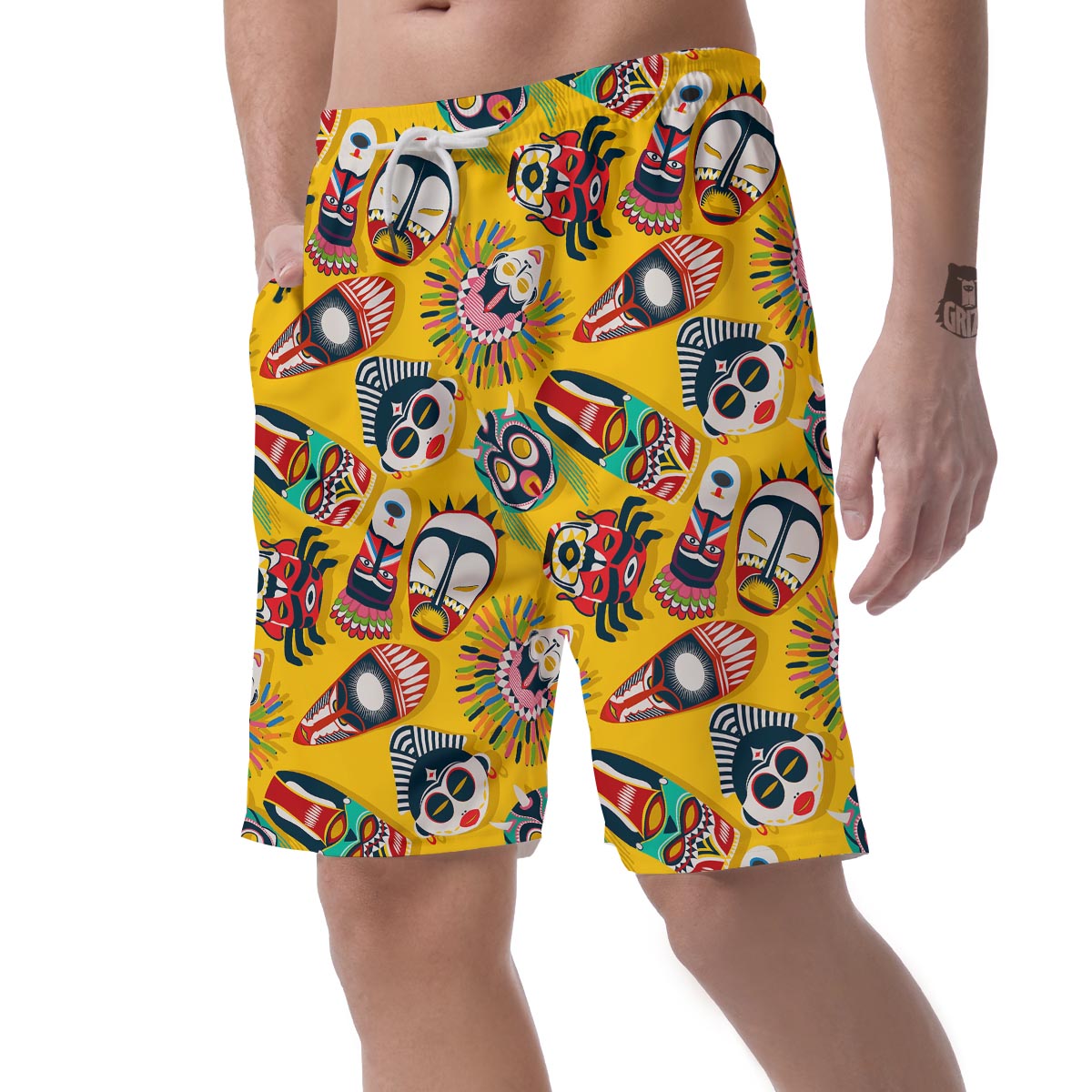 Totem Mask Pattern Print Men's Shorts-grizzshop