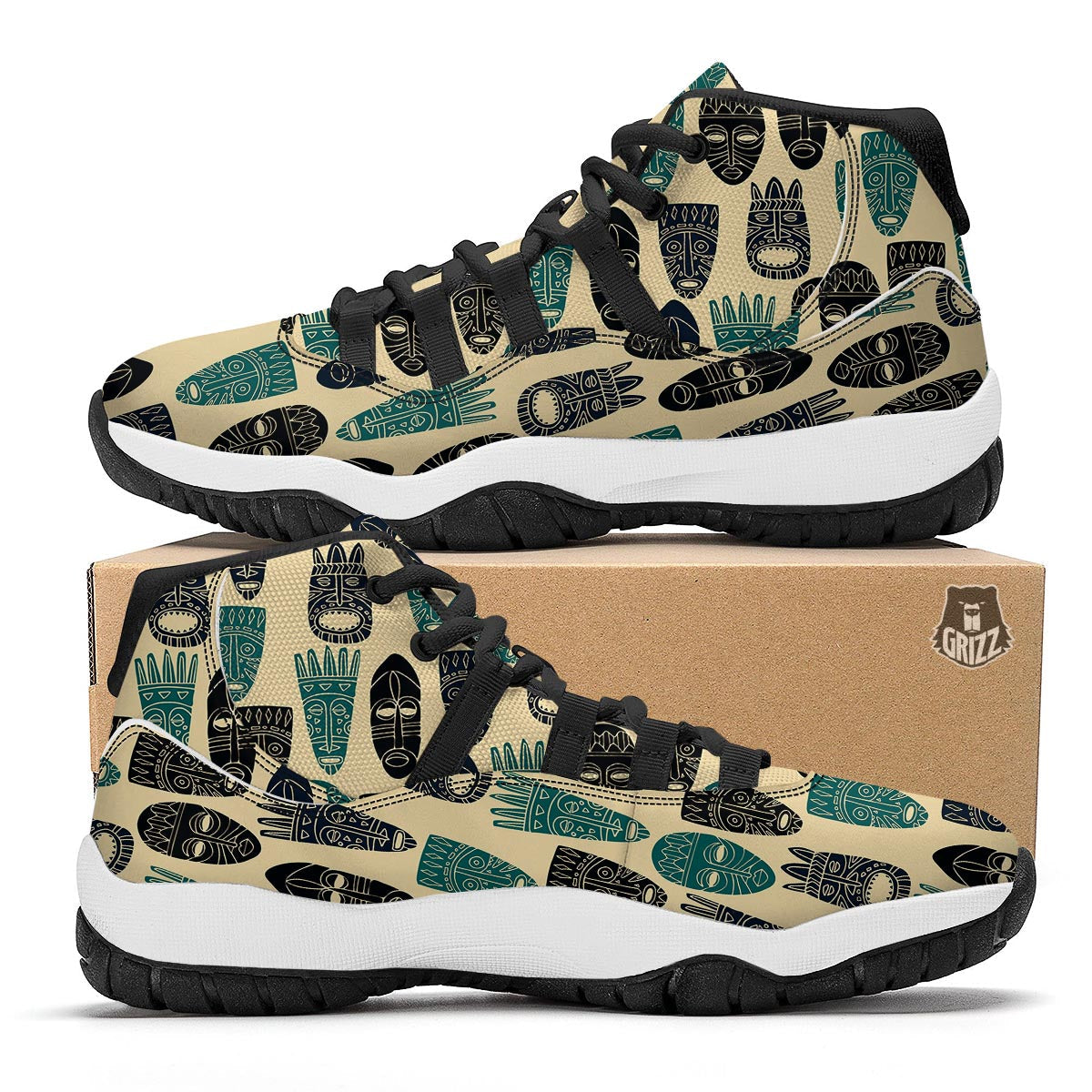 Totem Mask Print Pattern Black Bball Shoes-grizzshop