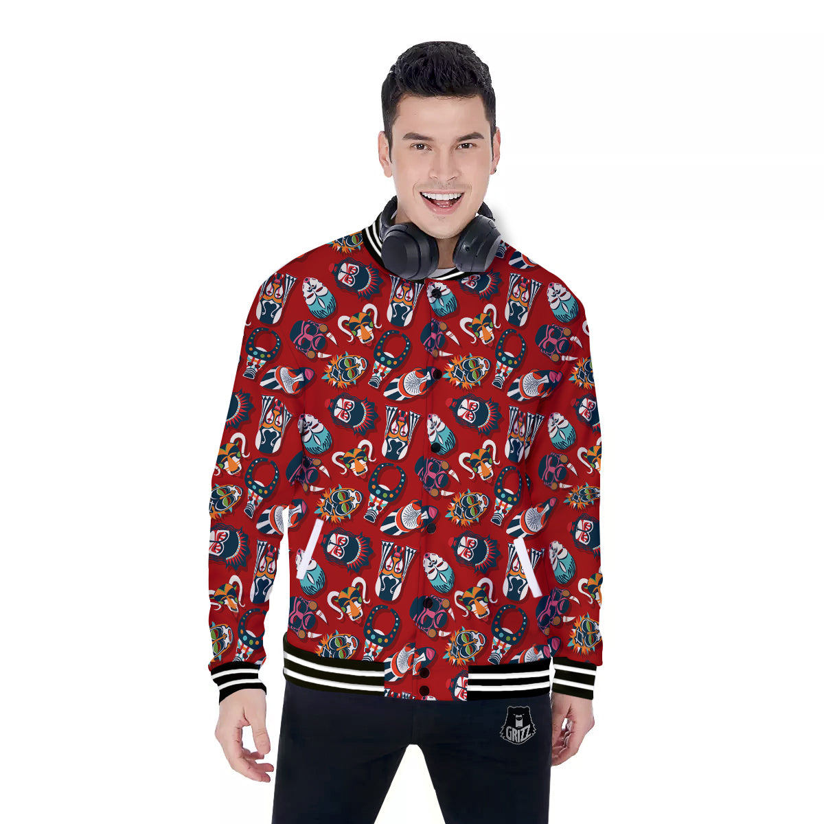 Totem Masks African Print Pattern Baseball Jacket-grizzshop
