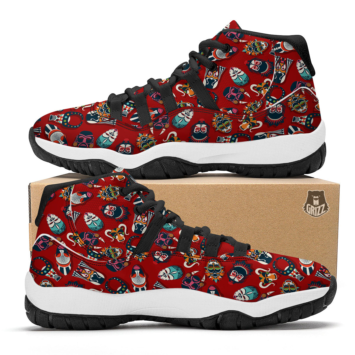 Totem Masks African Print Pattern Black Bball Shoes-grizzshop