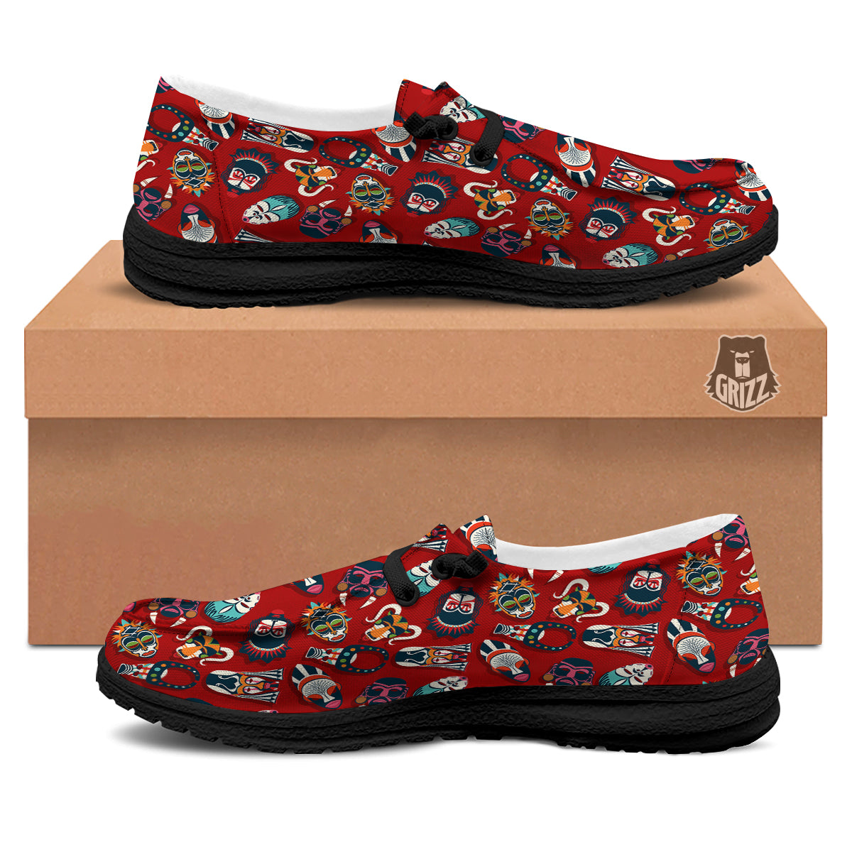 Totem Masks African Print Pattern Black Loafers-grizzshop