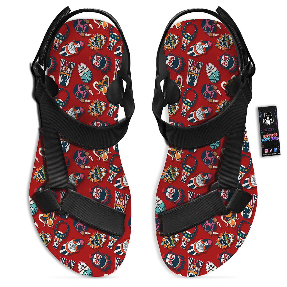 Totem Masks African Print Pattern Black Open Toe Sandals-grizzshop
