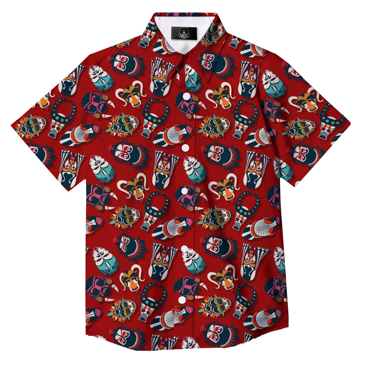 Totem Masks African Print Pattern Button Up Shirt-grizzshop