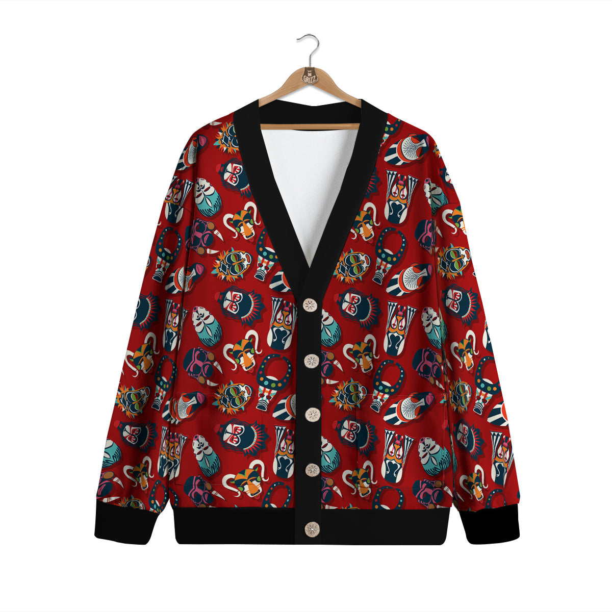 Totem Masks African Print Pattern Cardigan-grizzshop