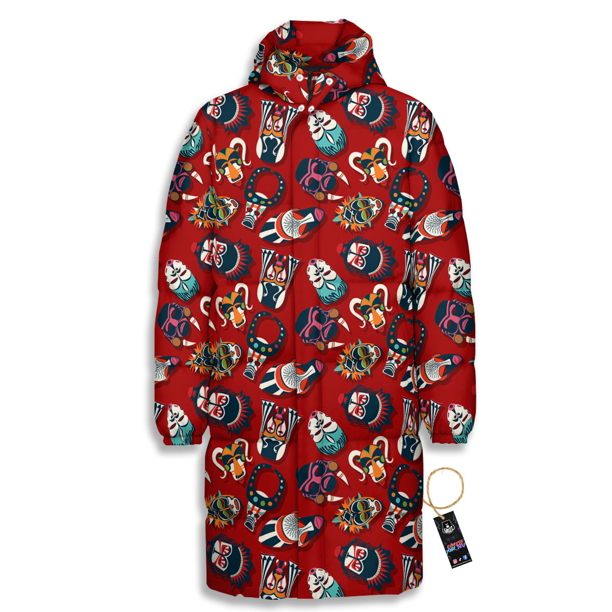 Totem Masks African Print Pattern Long Down Jacket-grizzshop