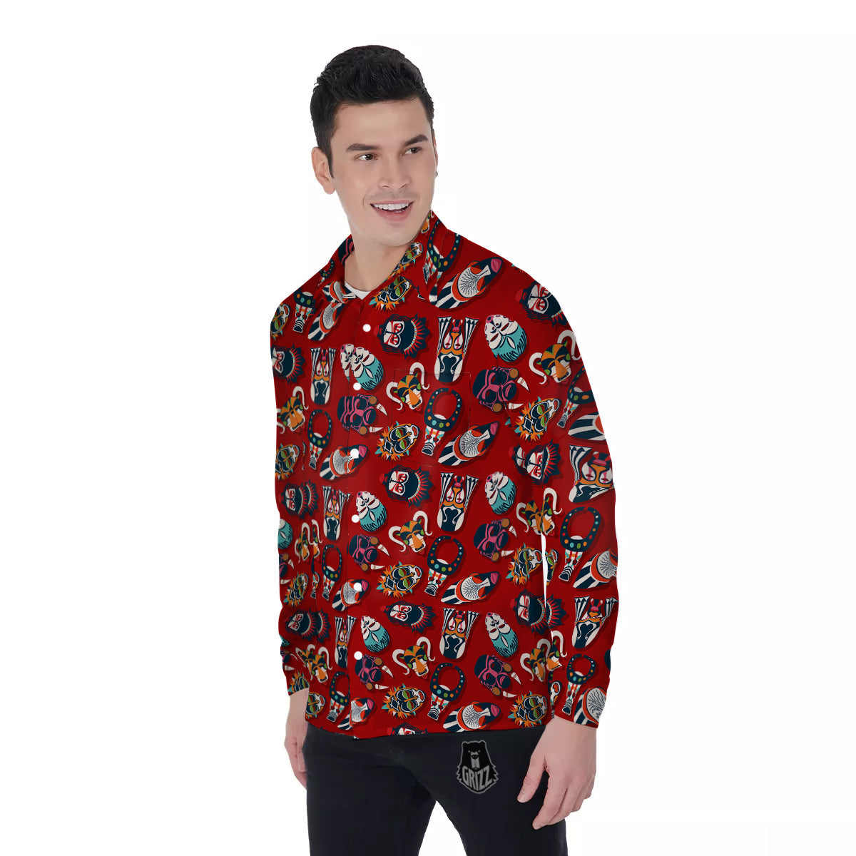 Totem Masks African Print Pattern Men's Long Sleeve Shirts-grizzshop