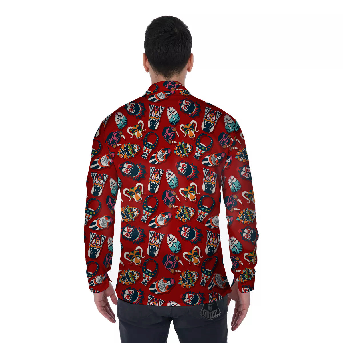 Totem Masks African Print Pattern Men's Long Sleeve Shirts-grizzshop