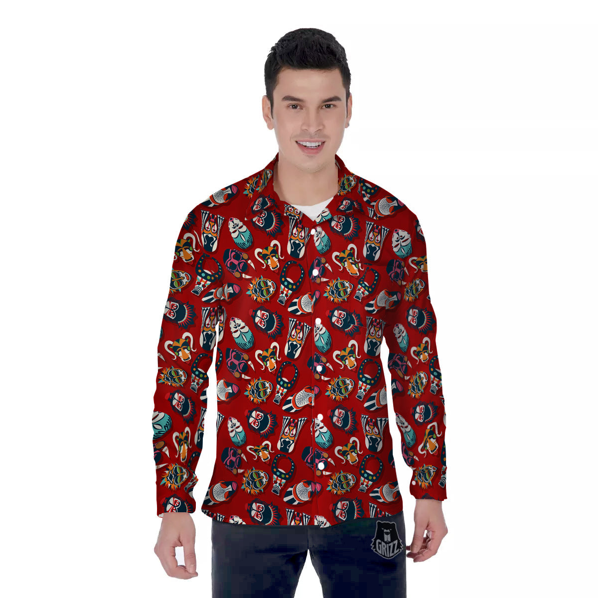 Totem Masks African Print Pattern Men's Long Sleeve Shirts-grizzshop