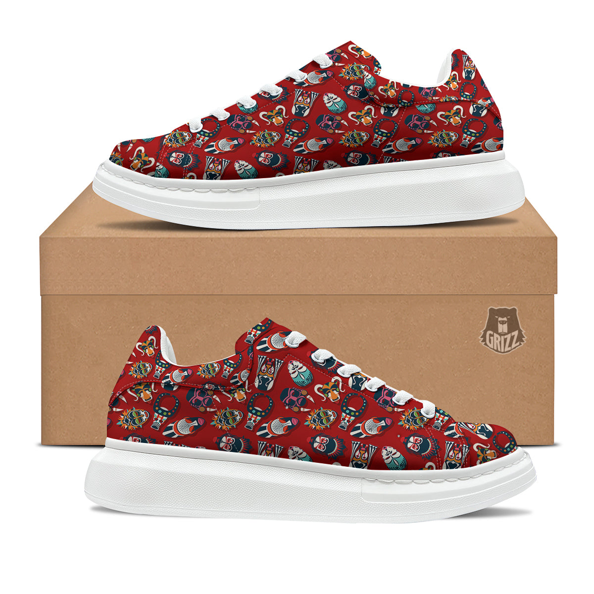 Totem Masks African Print Pattern Platform Shoes-grizzshop
