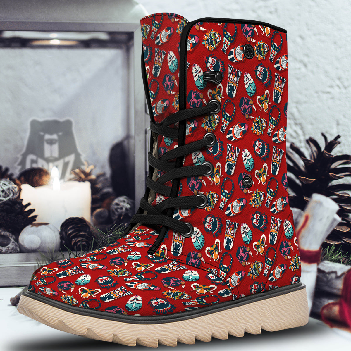 Totem Masks African Print Pattern Snow Boots-grizzshop
