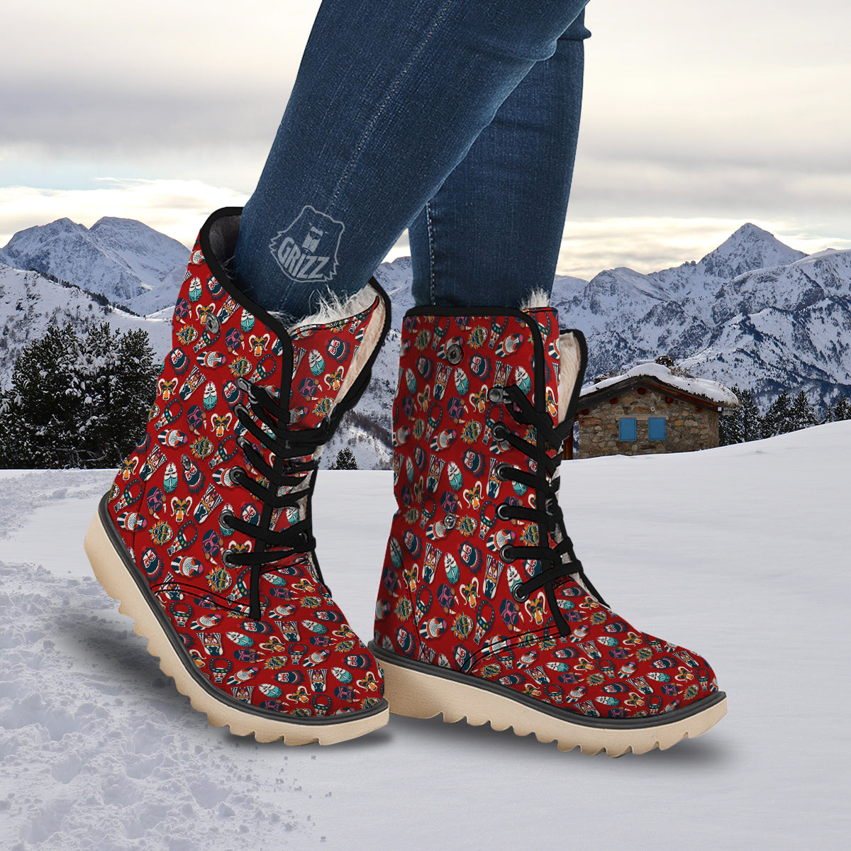 Totem Masks African Print Pattern Snow Boots-grizzshop