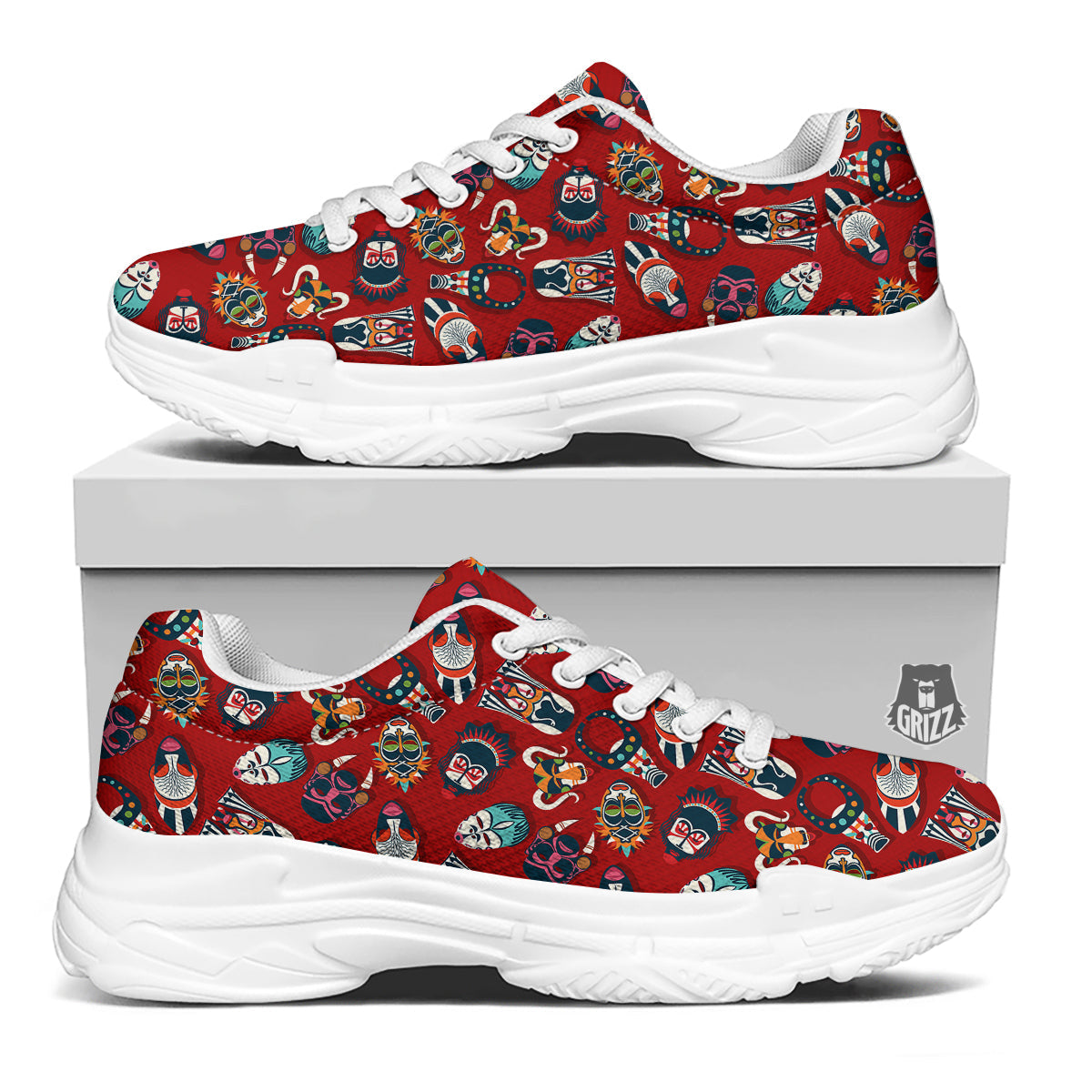 Totem Masks African Print Pattern White Chunky Shoes-grizzshop