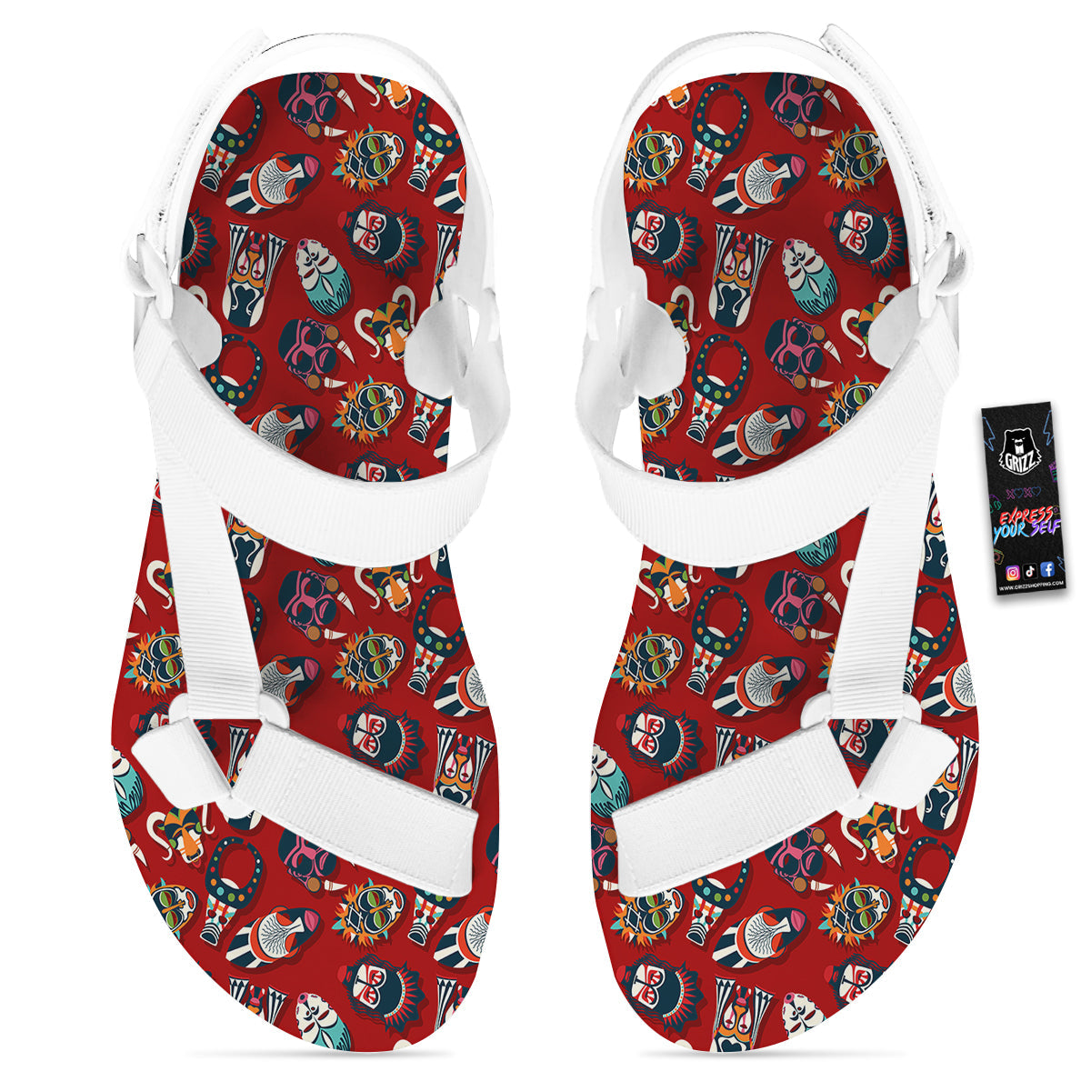 Totem Masks African Print Pattern White Open Toe Sandals-grizzshop