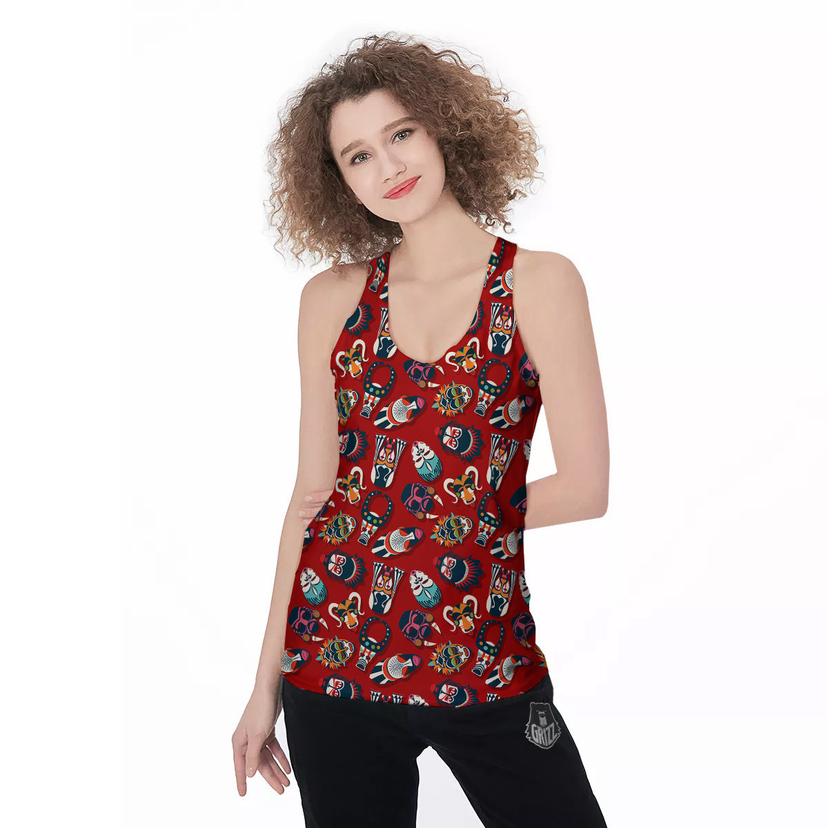 Totem Masks African Print Pattern Women's Racerback Tank Top-grizzshop