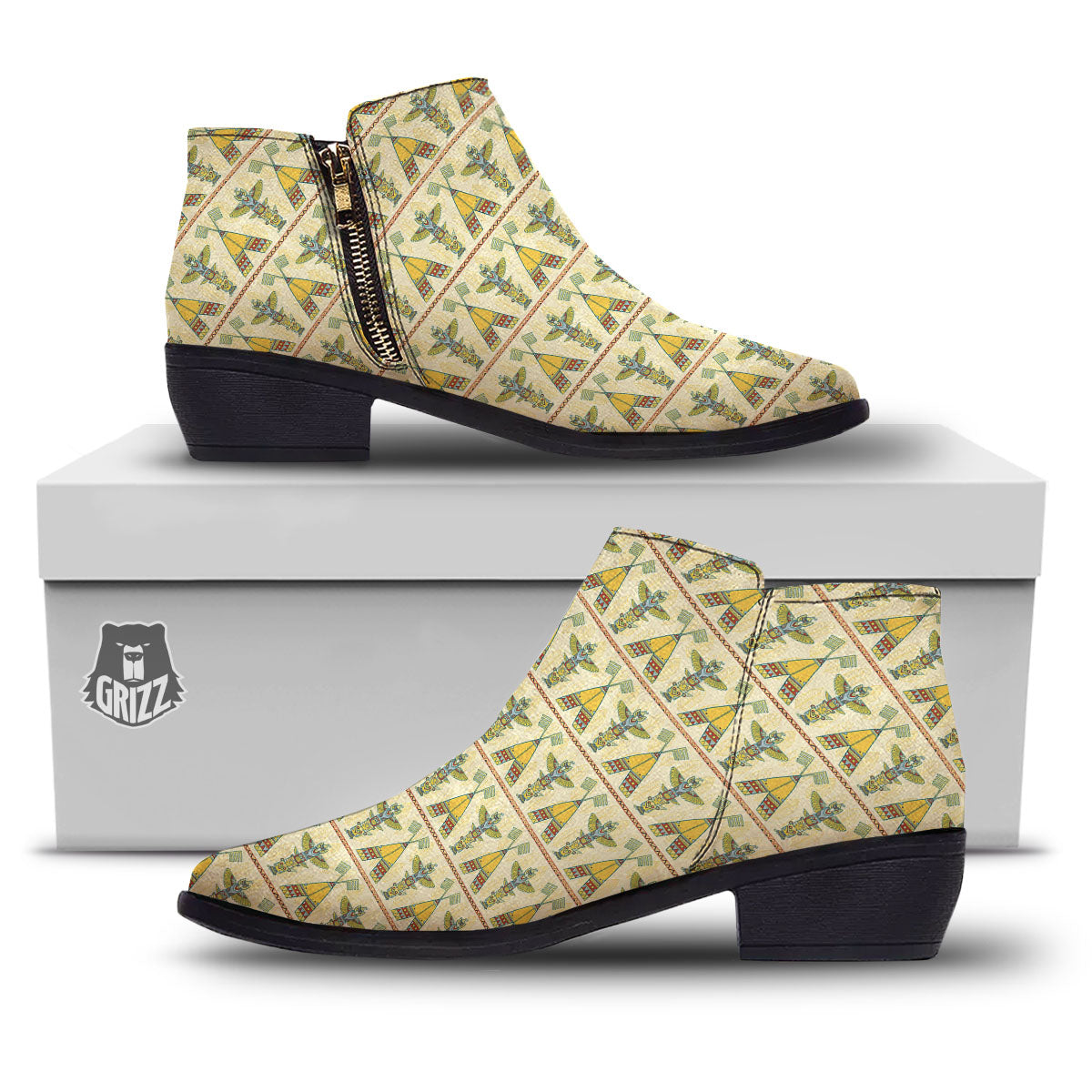 Totem Native Print Pattern Ankle Boots-grizzshop