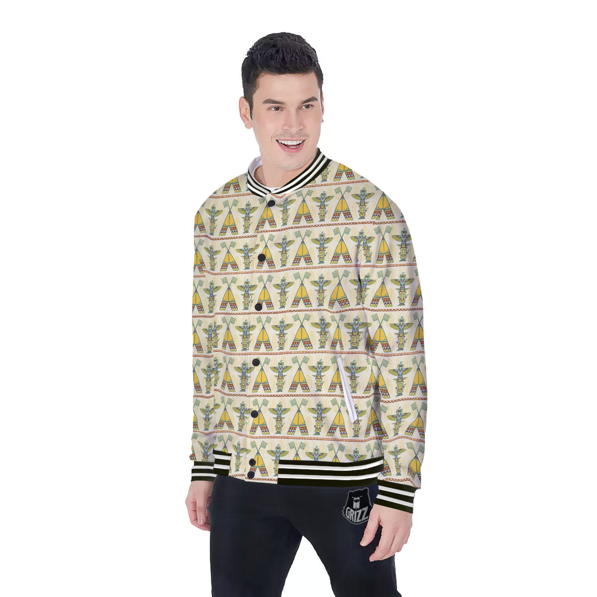 Totem Native Print Pattern Baseball Jacket-grizzshop