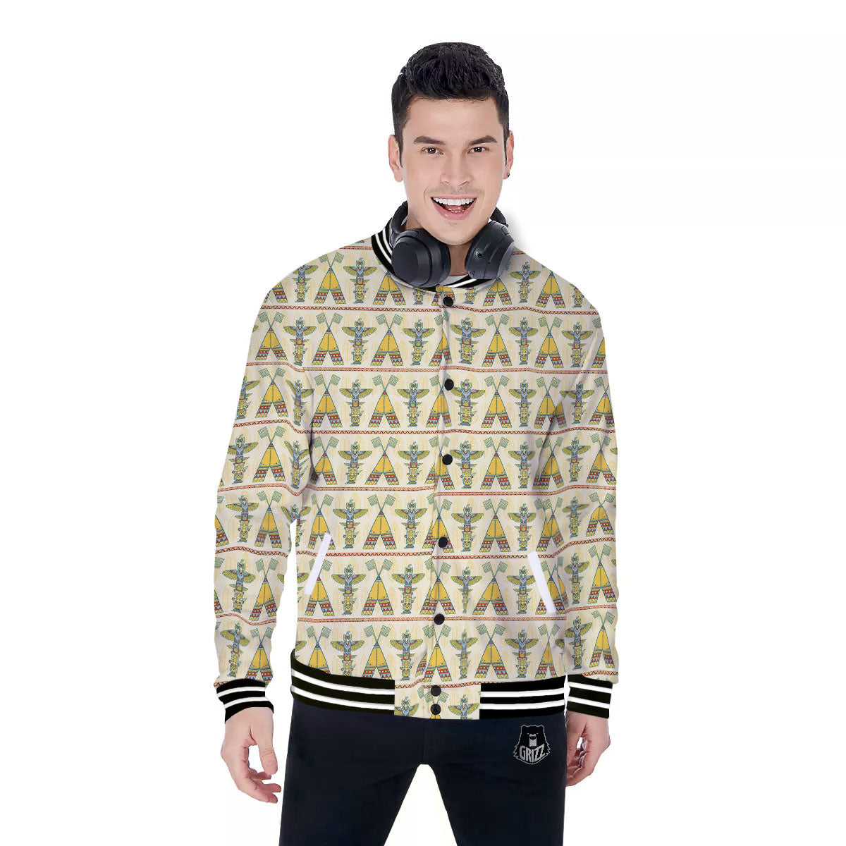 Totem Native Print Pattern Baseball Jacket-grizzshop