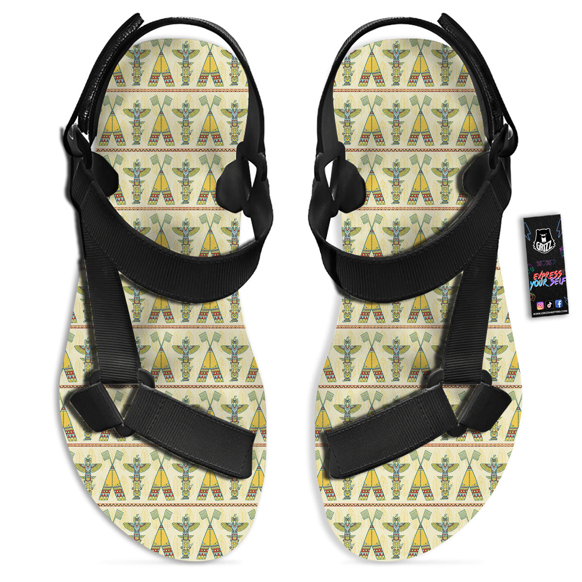 Totem Native Print Pattern Black Open Toe Sandals-grizzshop
