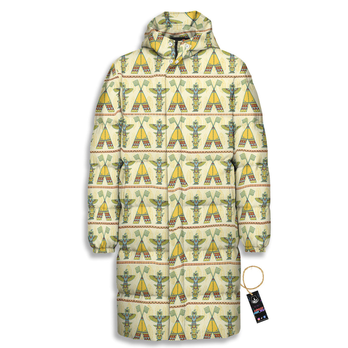 Totem Native Print Pattern Long Down Jacket-grizzshop
