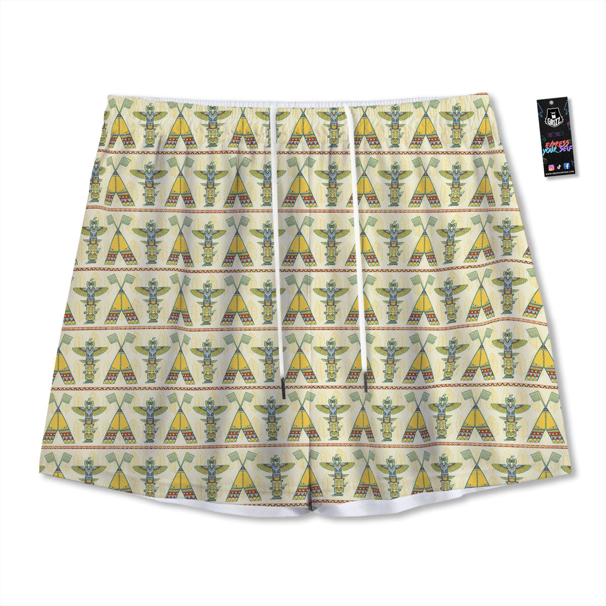 Totem Native Print Pattern Mesh Shorts-grizzshop