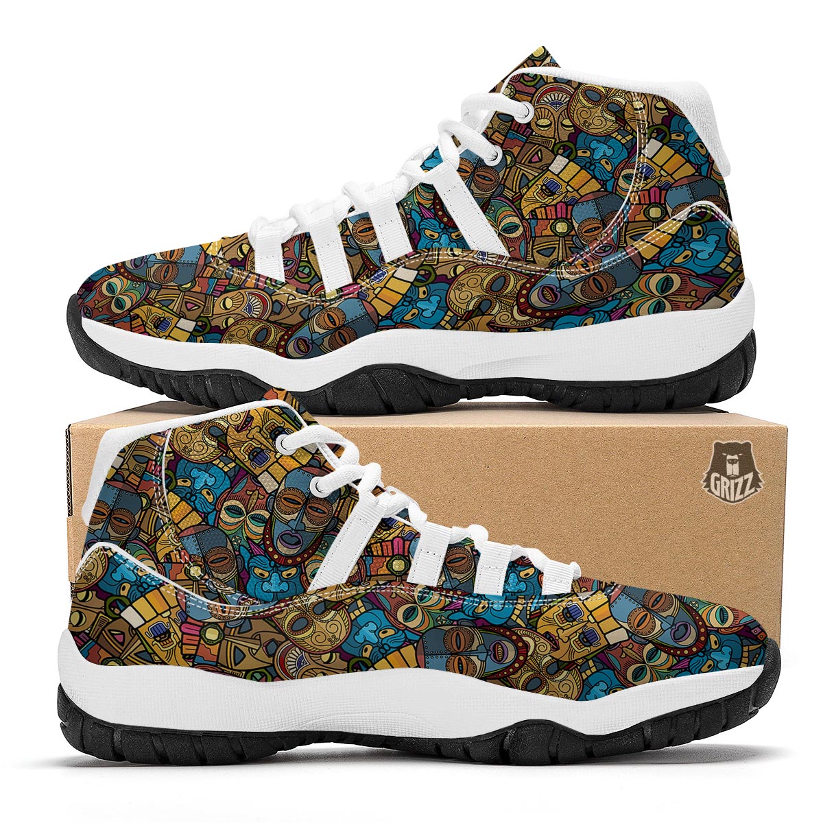 Totem Print Pattern White Bball Shoes-grizzshop