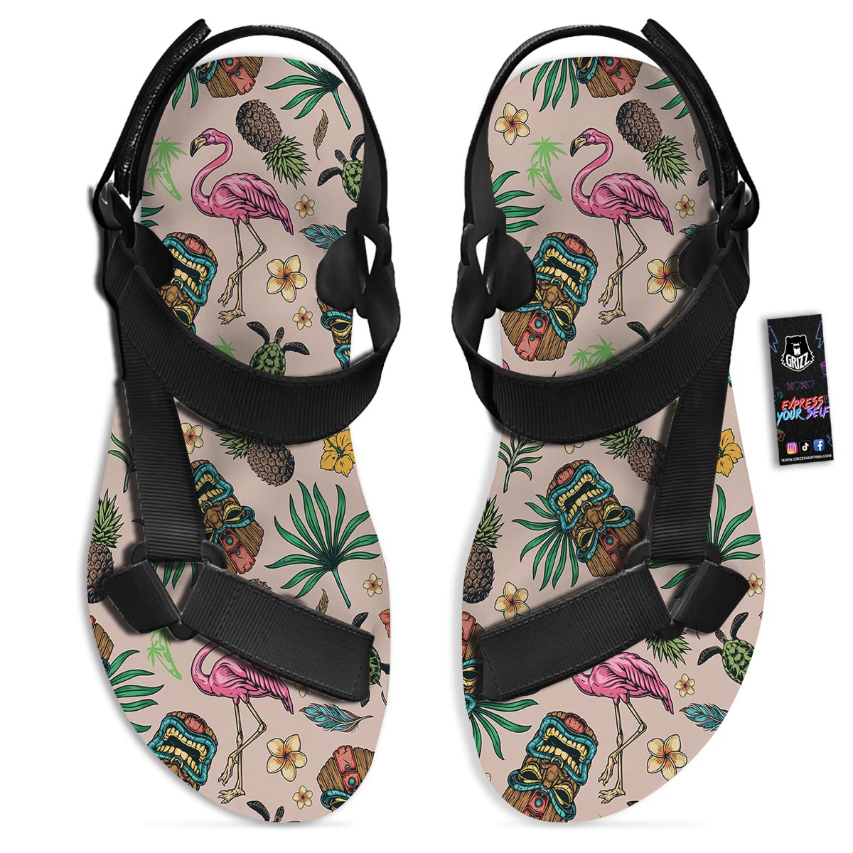 Totem Summer Print Pattern Black Open Toe Sandals-grizzshop