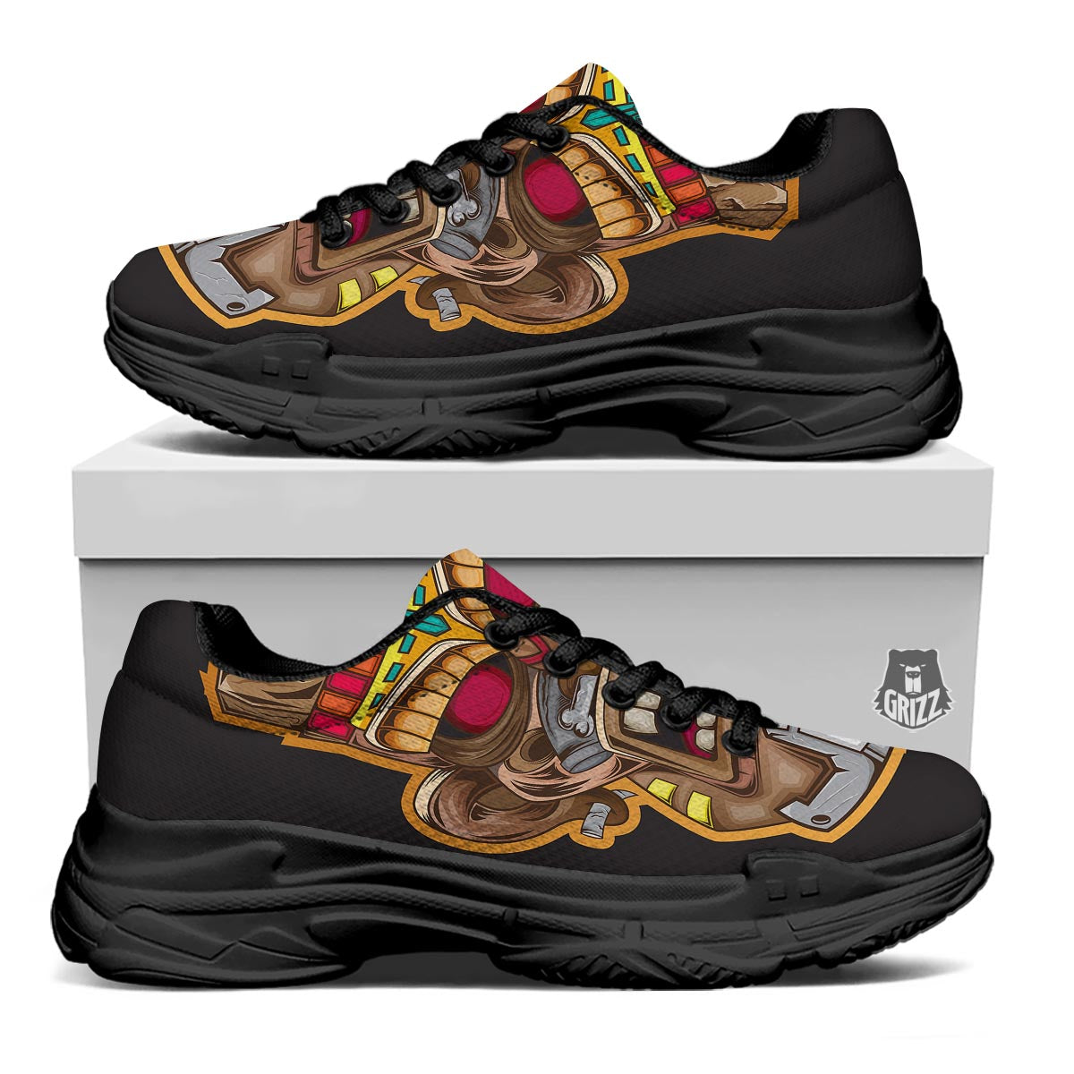 Totem Tiki Print Black Chunky Shoes-grizzshop