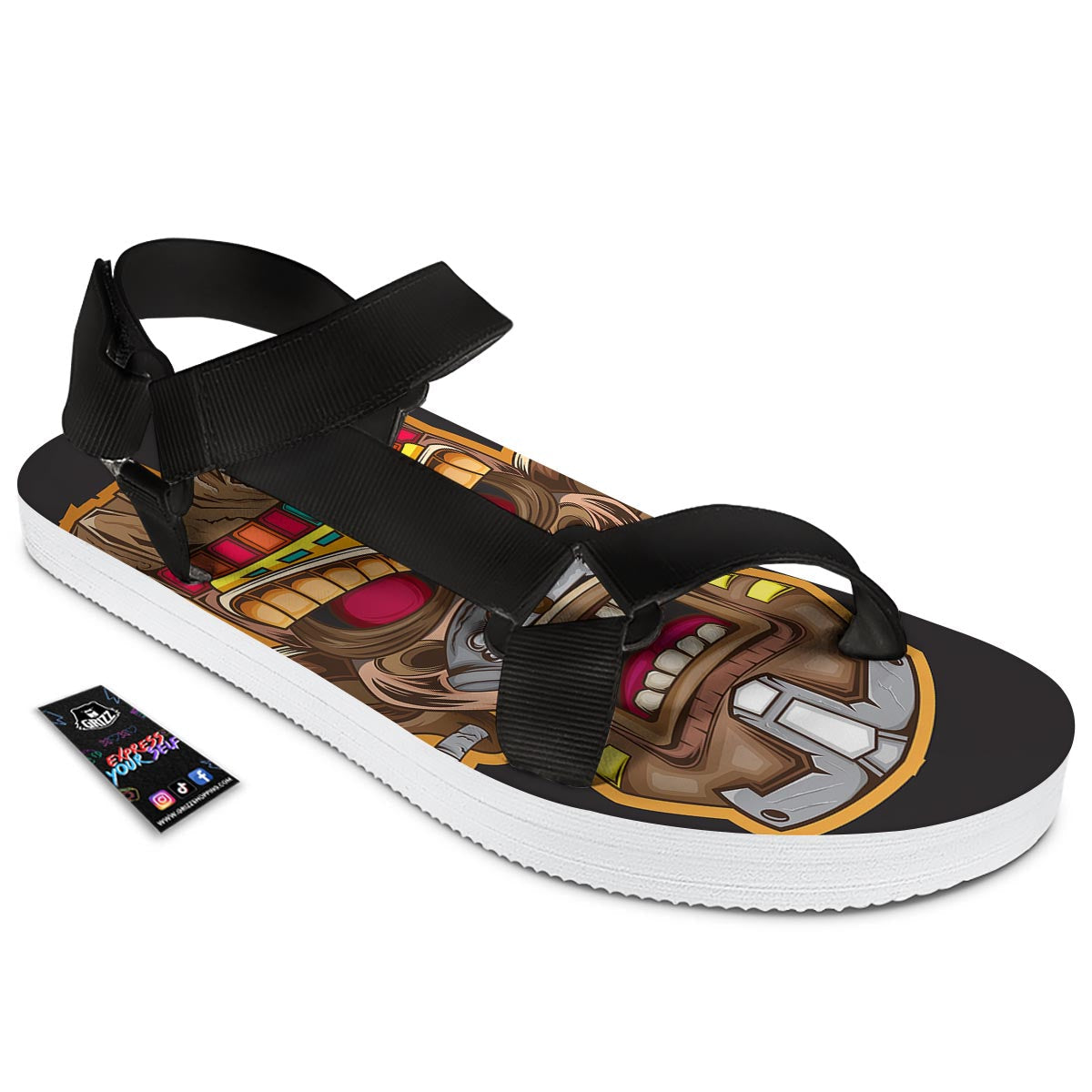 Totem Tiki Print Black Open Toe Sandals-grizzshop