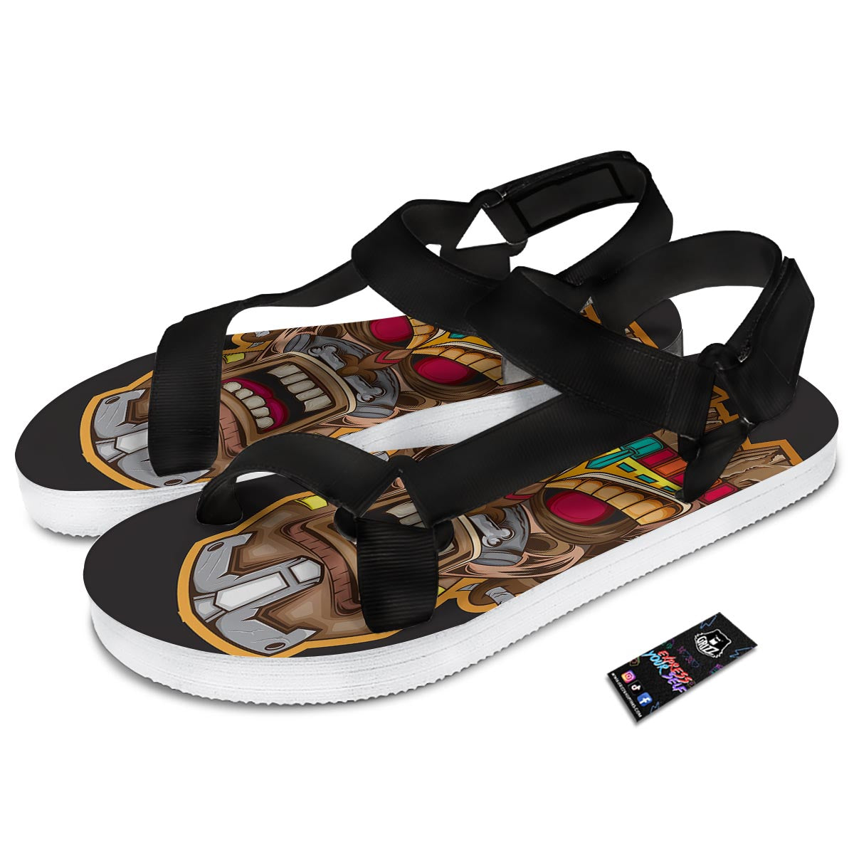 Totem Tiki Print Black Open Toe Sandals-grizzshop