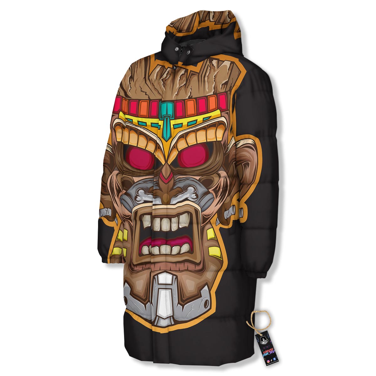 Totem Tiki Print Long Down Jacket-grizzshop