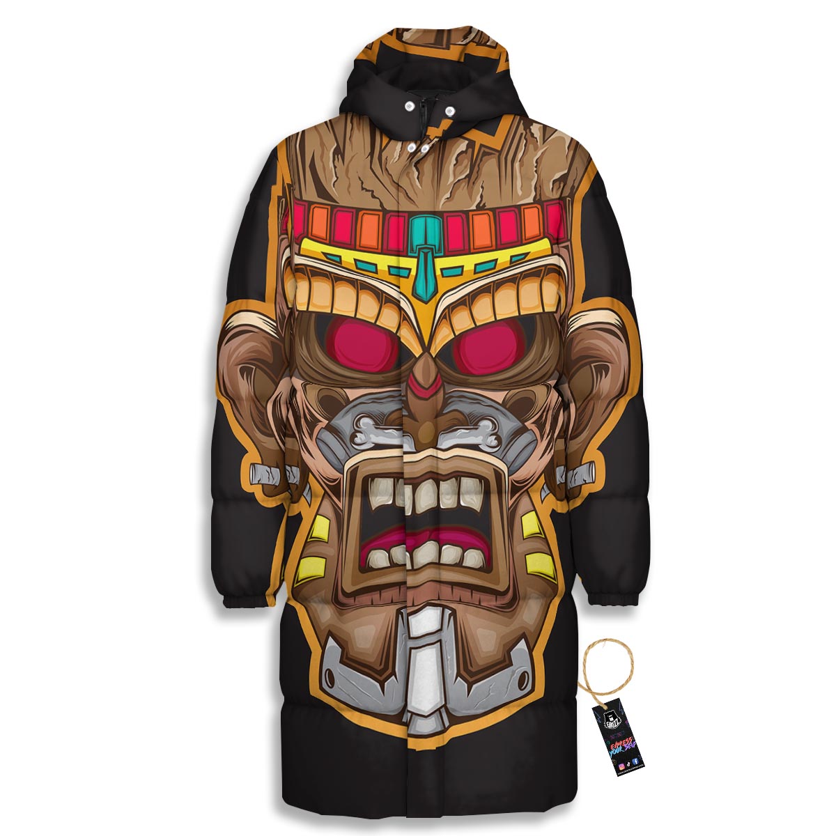 Totem Tiki Print Long Down Jacket-grizzshop