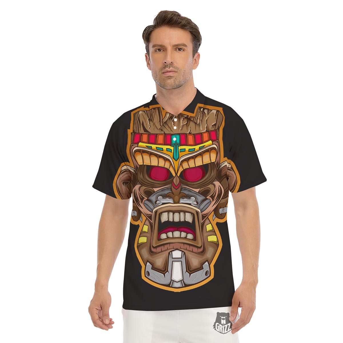 Totem Tiki Print Men's Golf Shirts-grizzshop
