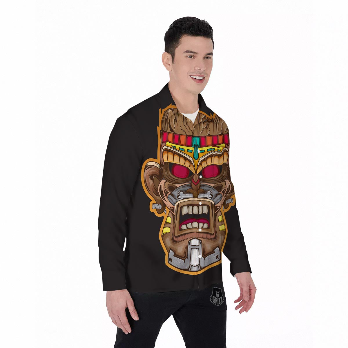Totem Tiki Print Men's Long Sleeve Shirts-grizzshop