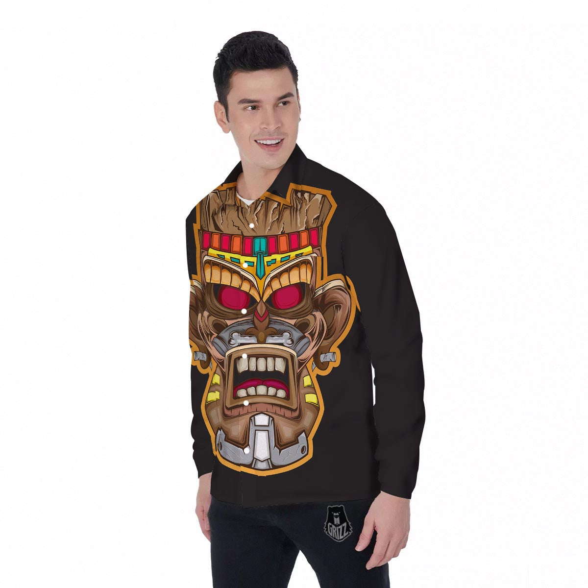 Totem Tiki Print Men's Long Sleeve Shirts-grizzshop