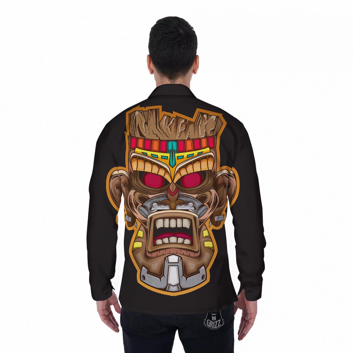 Totem Tiki Print Men's Long Sleeve Shirts-grizzshop