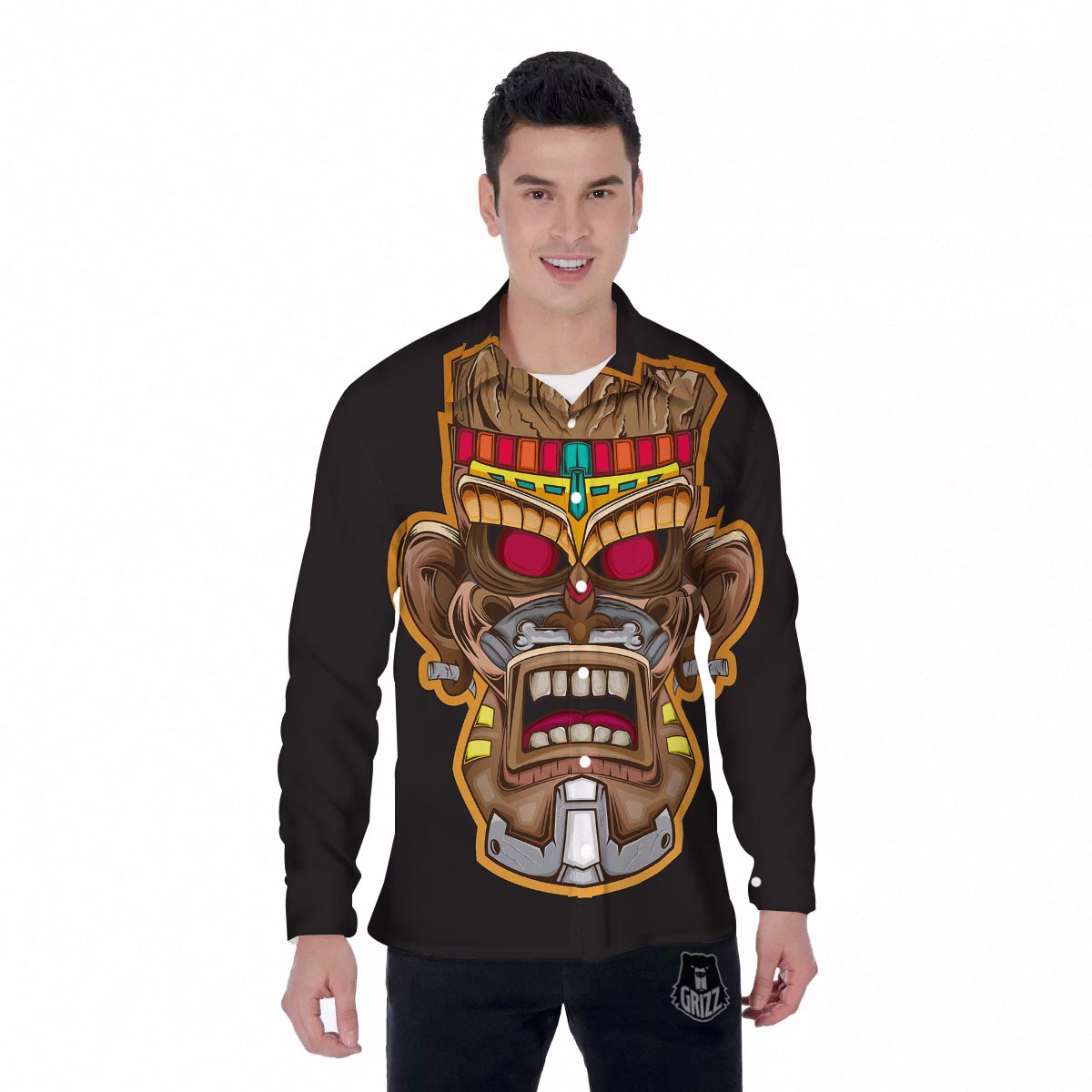 Totem Tiki Print Men's Long Sleeve Shirts-grizzshop