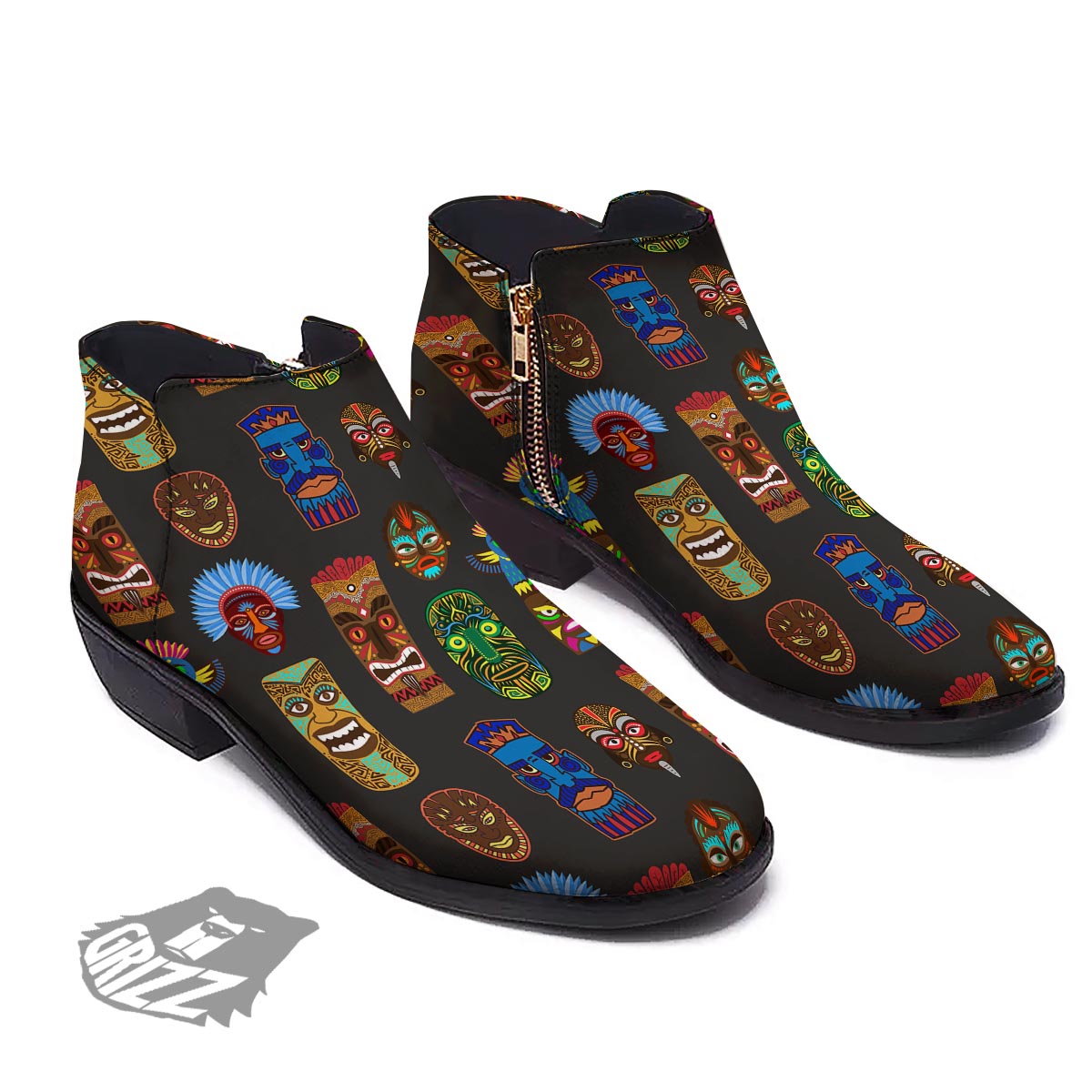 Totem Tiki Print Pattern Ankle Boots-grizzshop