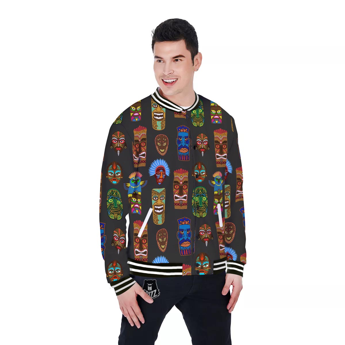 Totem Tiki Print Pattern Baseball Jacket-grizzshop