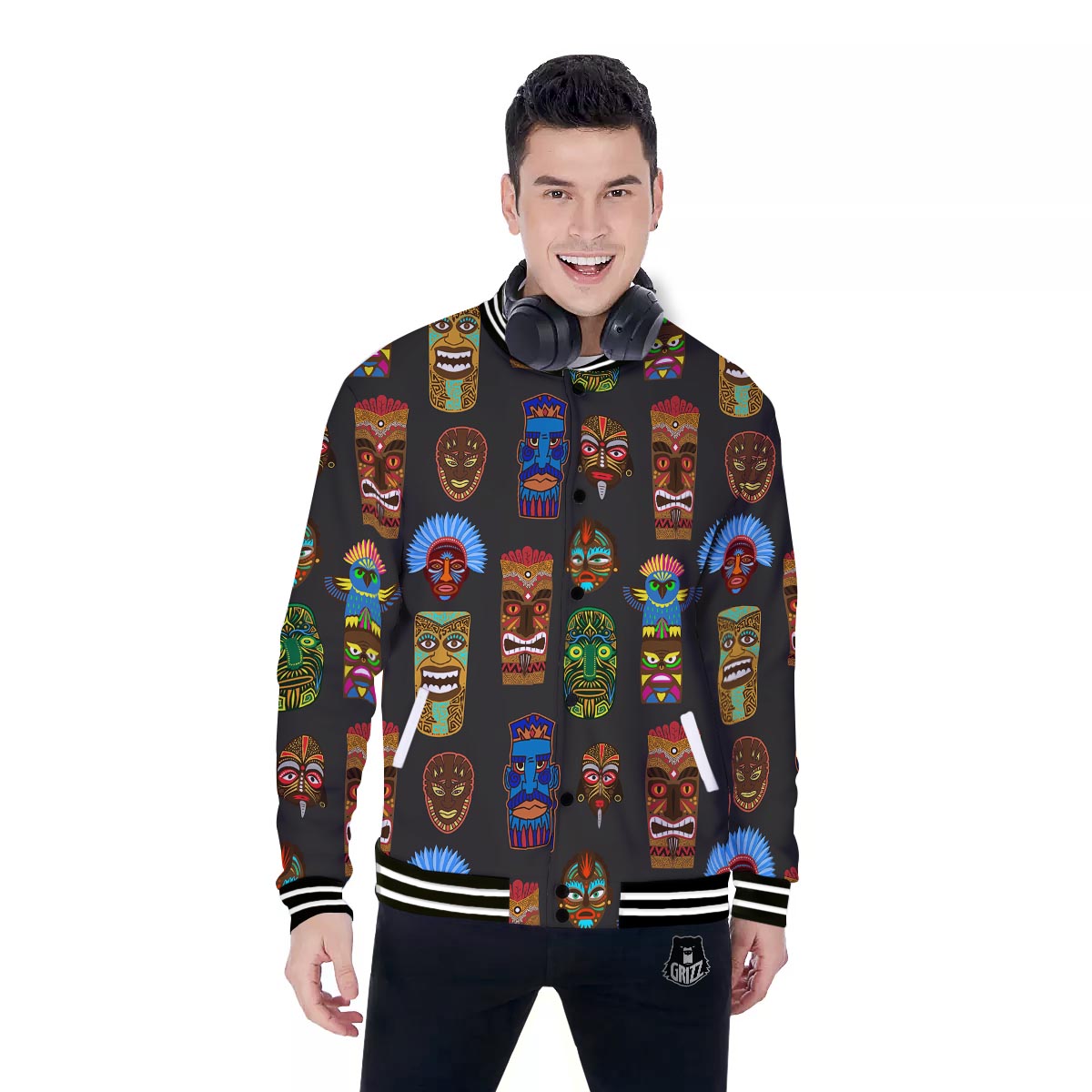 Totem Tiki Print Pattern Baseball Jacket-grizzshop