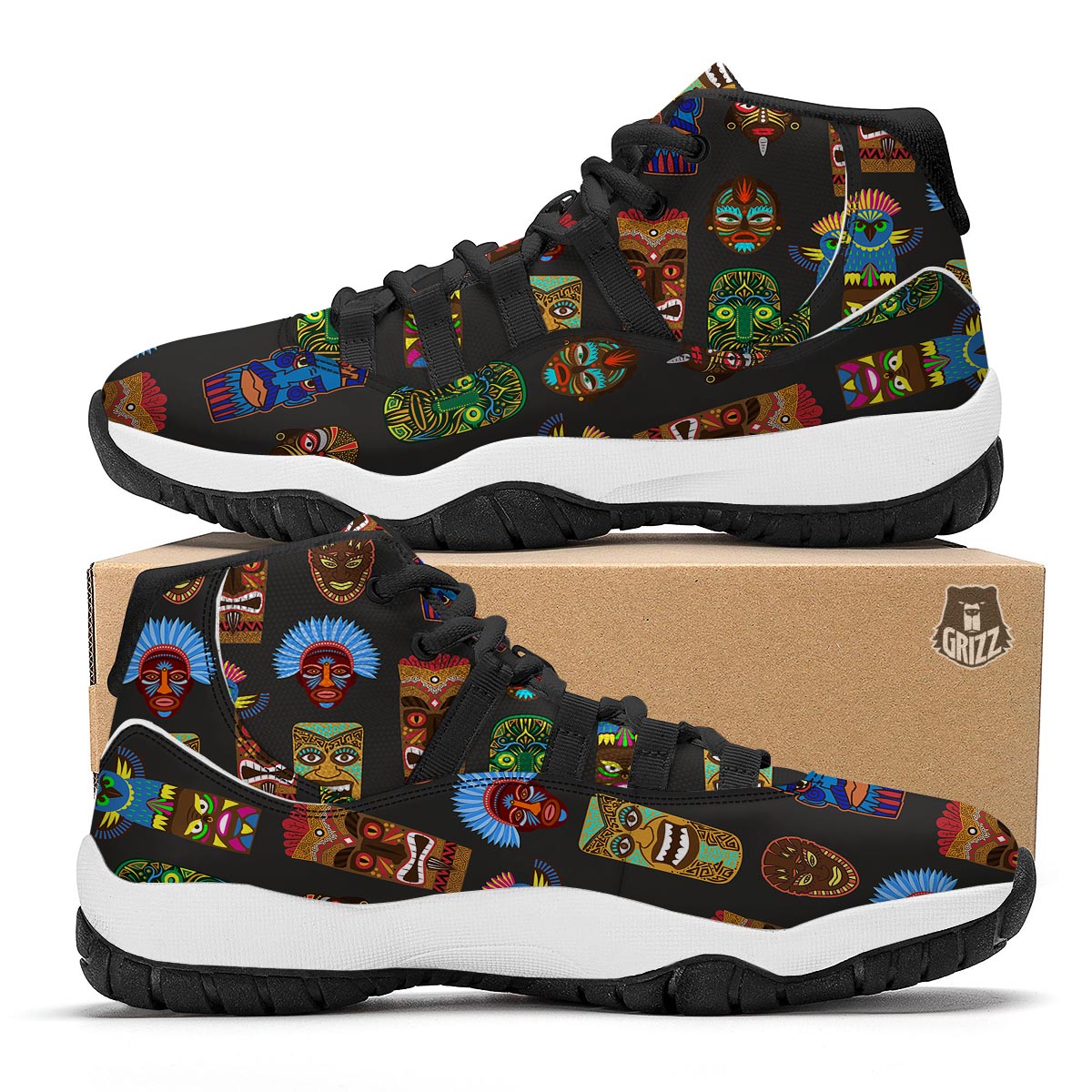 Totem Tiki Print Pattern Black Bball Shoes-grizzshop