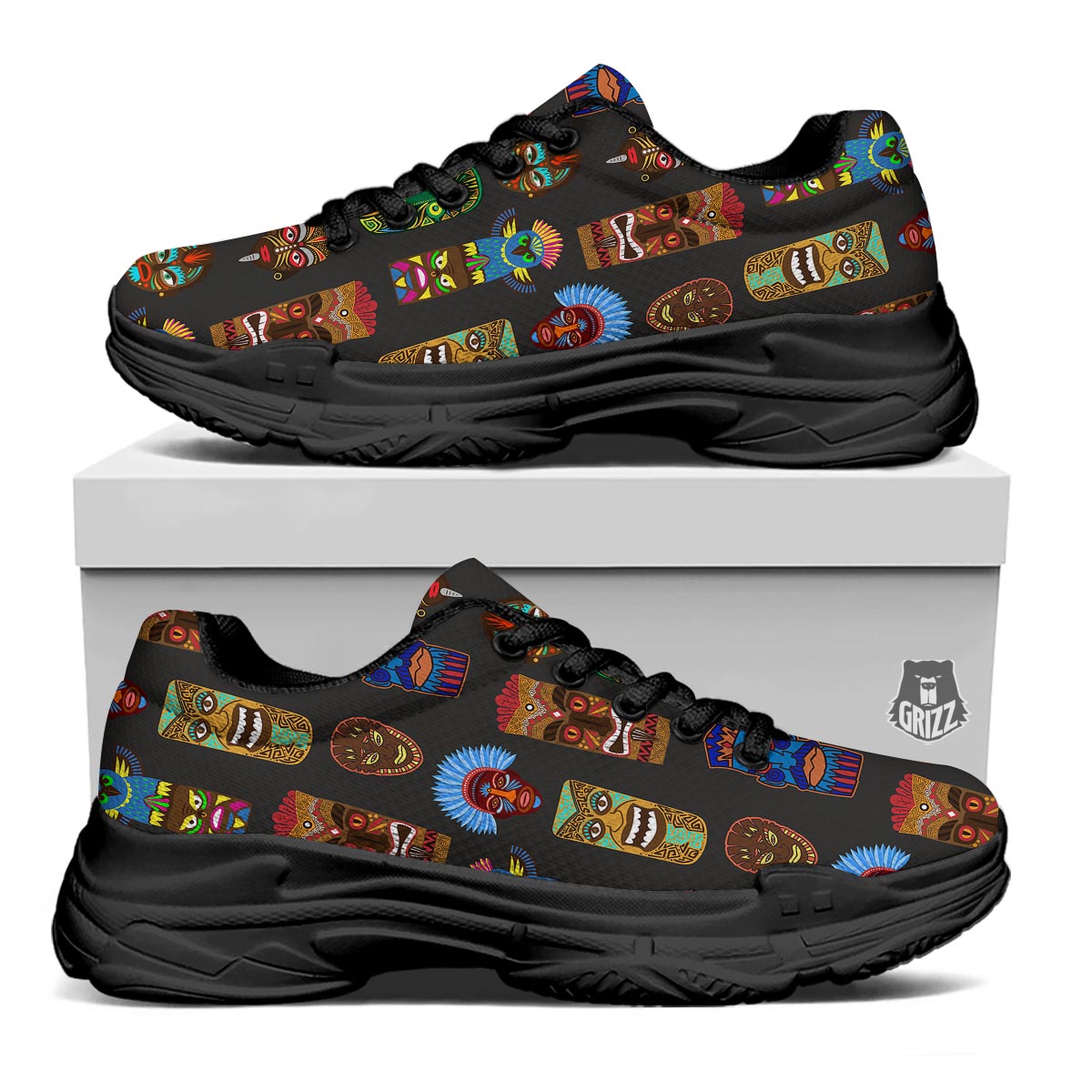 Totem Tiki Print Pattern Black Chunky Shoes-grizzshop