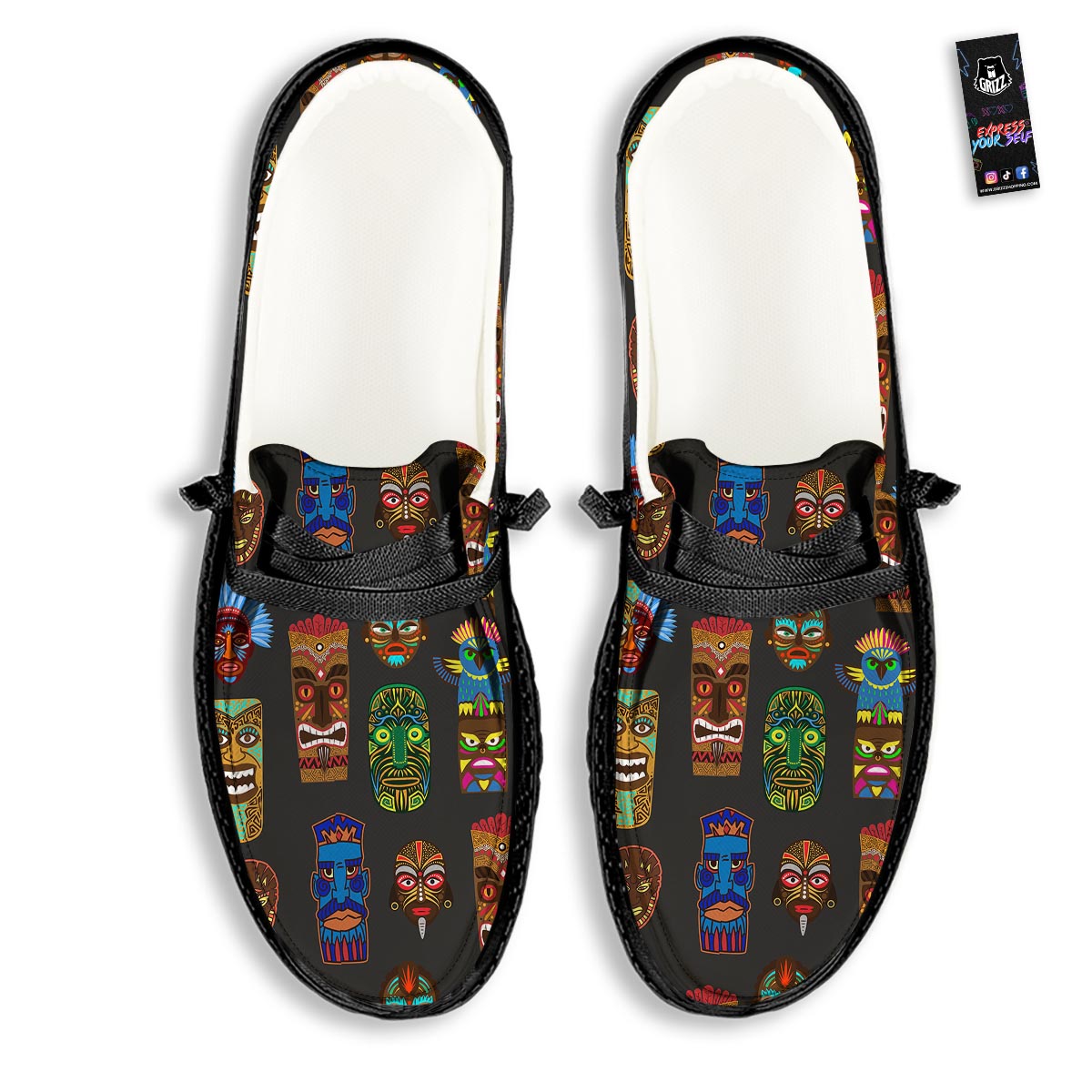 Totem Tiki Print Pattern Black Loafers-grizzshop