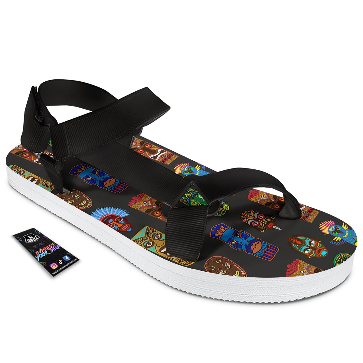 Totem Tiki Print Pattern Black Open Toe Sandals-grizzshop