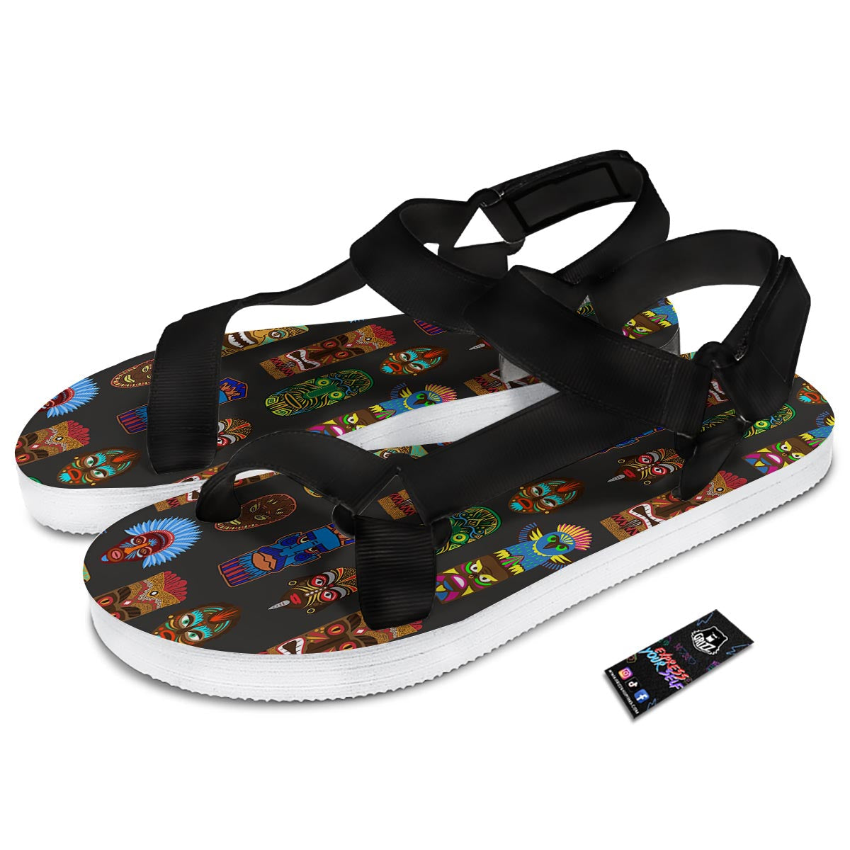 Totem Tiki Print Pattern Black Open Toe Sandals-grizzshop