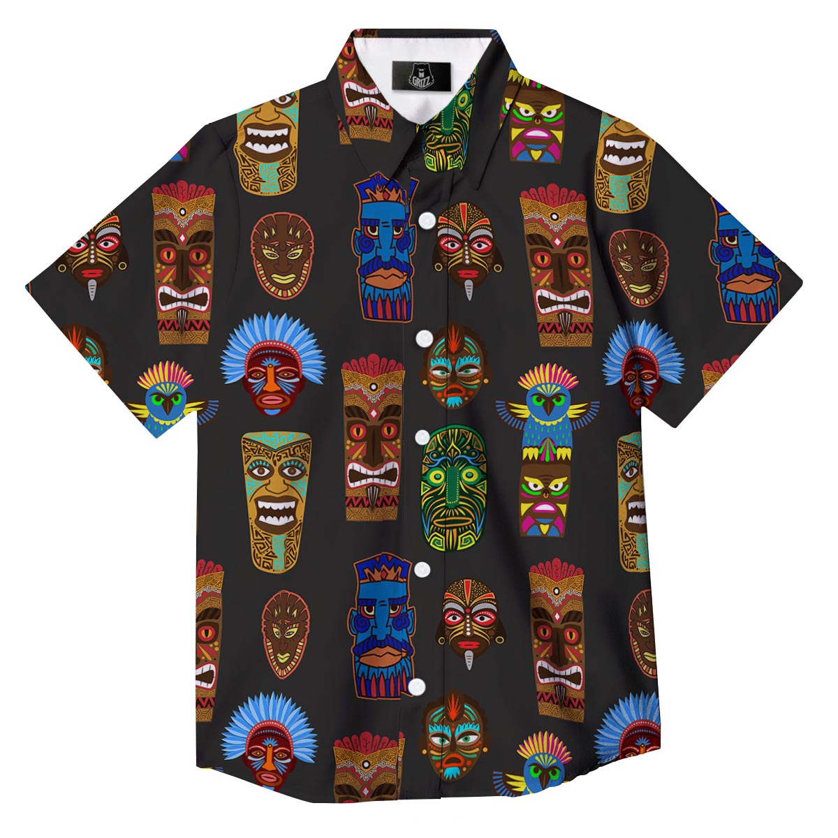 Totem Tiki Print Pattern Button Up Shirt-grizzshop