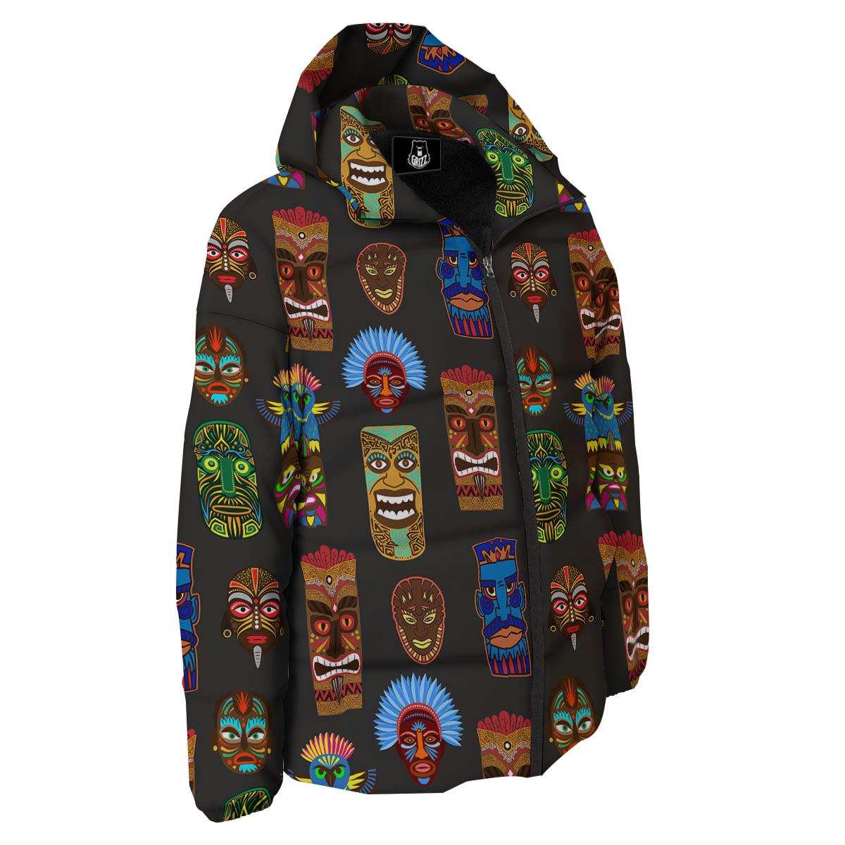 Totem Tiki Print Pattern Down Jacket-grizzshop