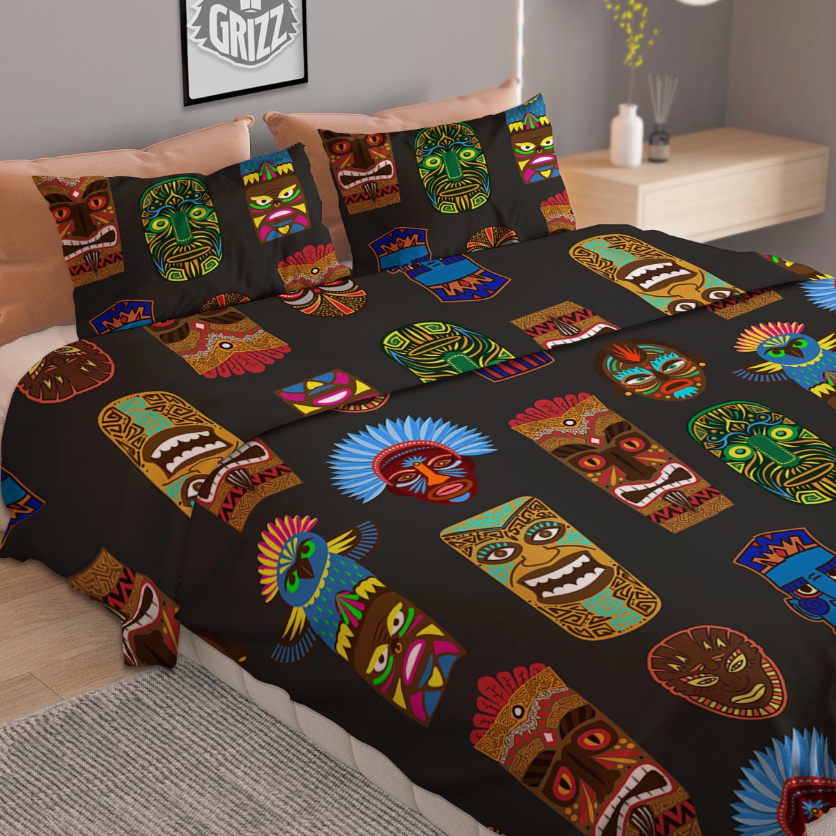 Totem Tiki Print Pattern Duvet Cover Bedding Set